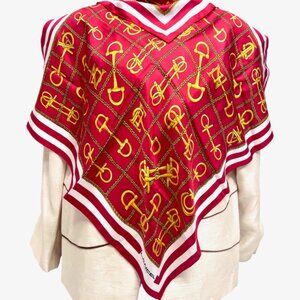 New Unused Lancel Paris 100% Silk Satin Scarf 23" red white gold chain  (77